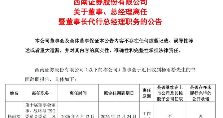 西南证券换帅:杨雨松辞任总经理重返渝富控股,董事长姜栋林代行职务